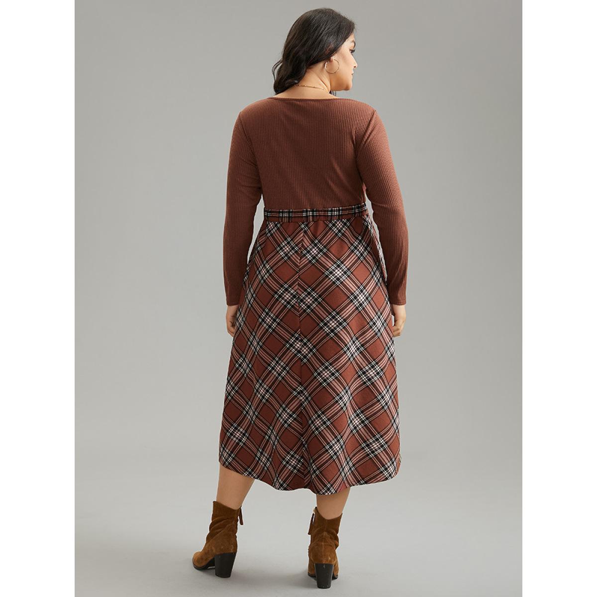 Plus Size Plaid Elastic Waist Patchwork Rib Knit Dress Maroon Women Elegant Printed Round Neck Long Sleeve Curvy Midi Dress BloomChic 14-16/1X Product Image