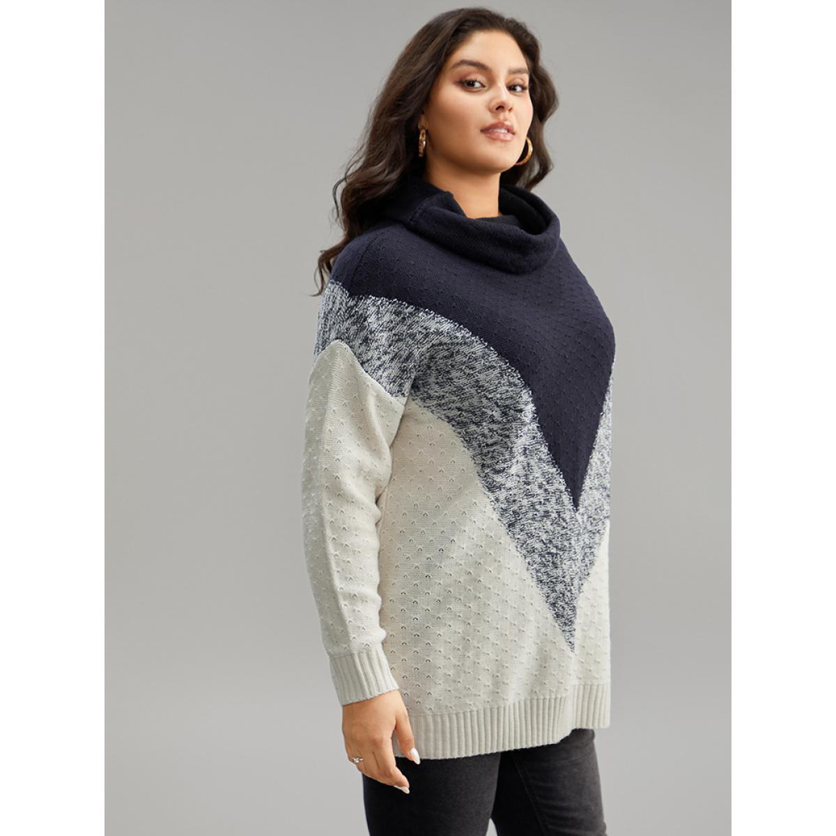 Plus Size Heather Colorblock Turtle Neck Pullover Midnight Women Casual Loose Long Sleeve Round Neck Dailywear Pullovers BloomChic 10/M Product Image