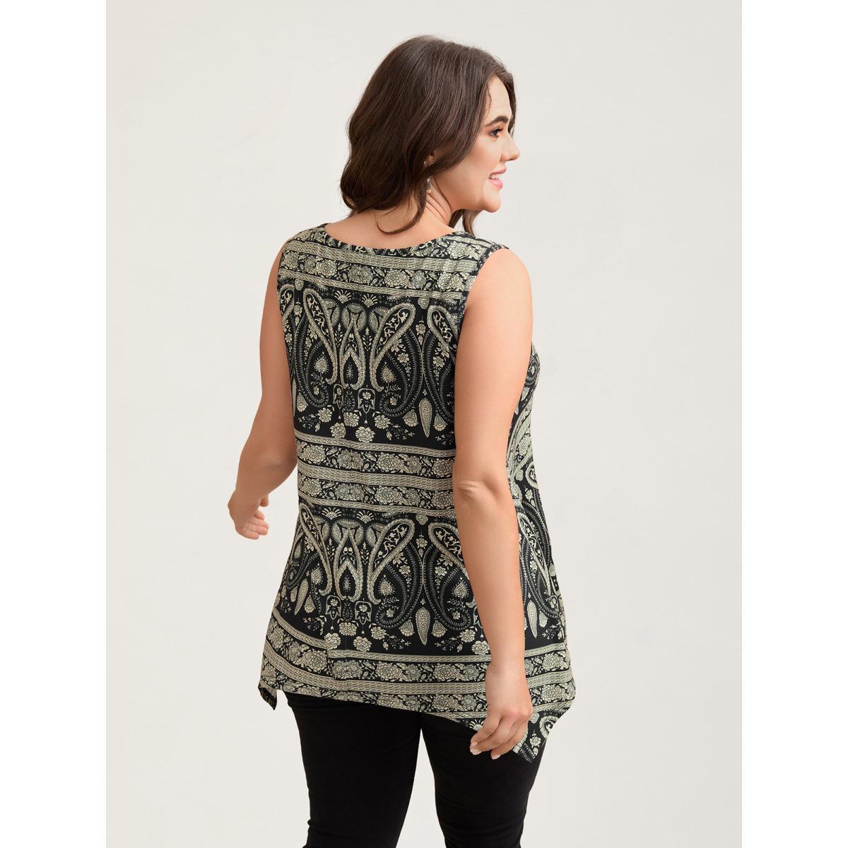 Plus Size Boho Print Flared Tank Top Women Black Casual Asymmetrical Round Neck Everyday Tank Tops Camis BloomChic 26/4X Product Image