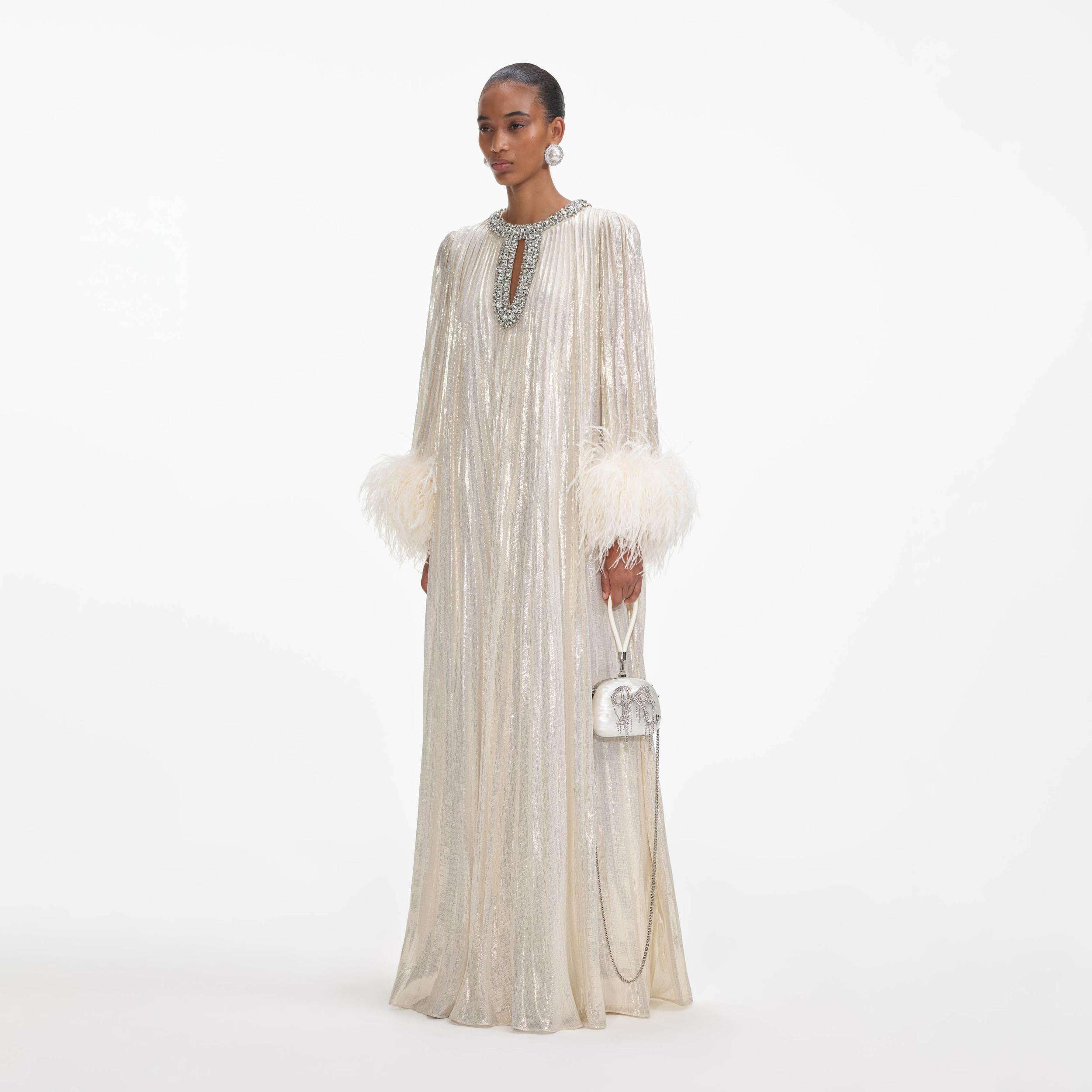 Gold Metallic Feather Maxi Dress Product Image