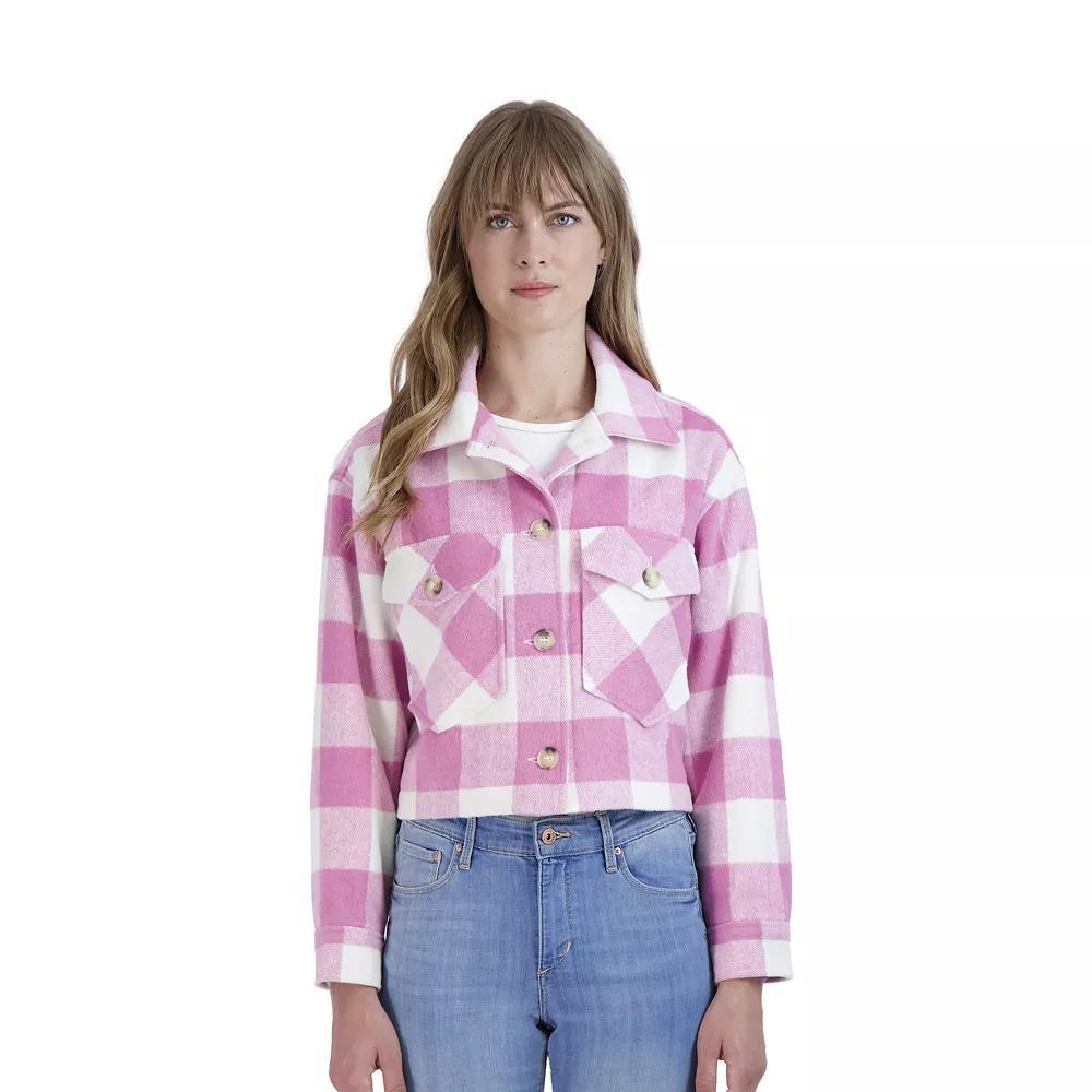 Juniors' Sebby Plaid Faux-Wool Crop Shacket, Women's, Size: Large, Pink White Product Image