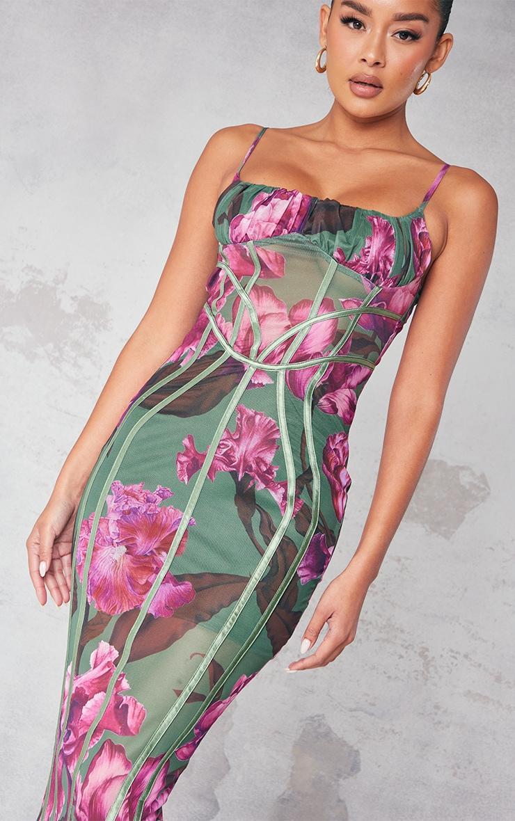 Green Floral Print Mesh Binding Detail Midaxi Dress Product Image