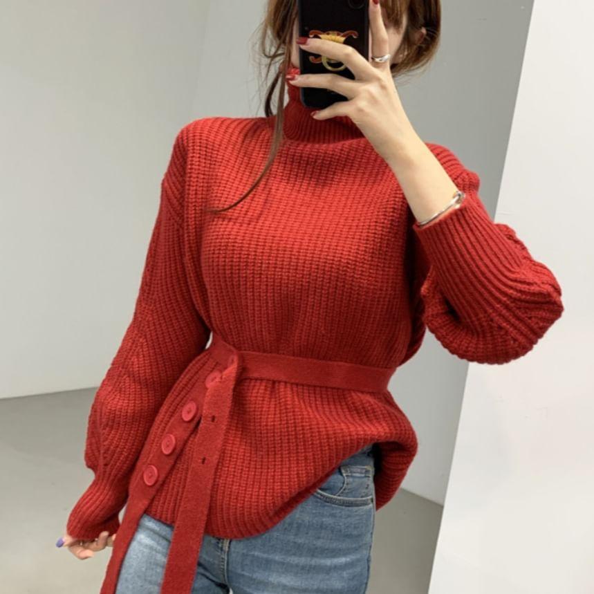 Long Sleeve Turtleneck Belted Sweater Product Image