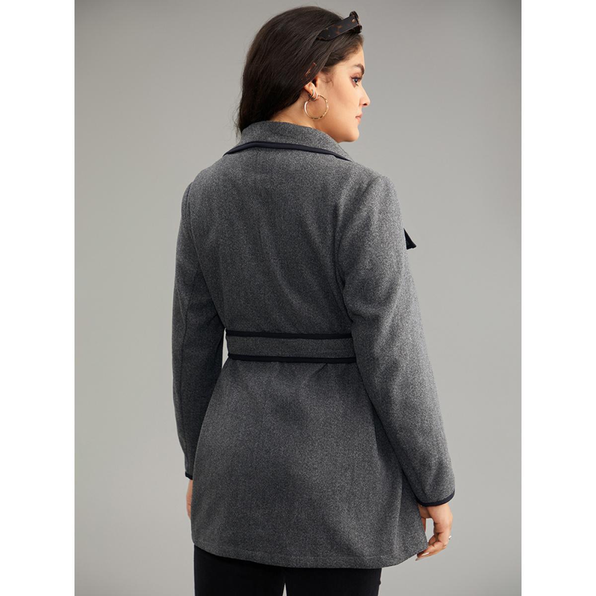 Plus Size Lapel Collar Contrast Trim Belted Button Up Coat Women DimGray Casual Belted Ladies Dailywear Winter Coats BloomChic 22-24/3X Product Image