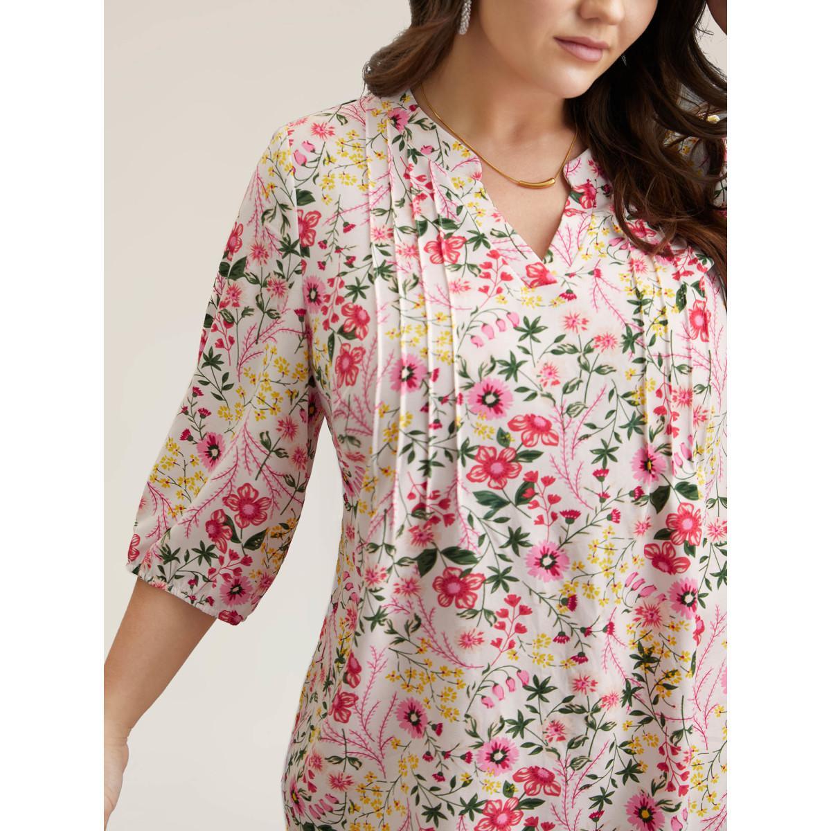 Plus Size WhiteSmoke Floral Print Notched Collar Shirt Women Elegant Elbow-length sleeve Notched collar Everyday Blouses BloomChic 14-16/1X Product Image