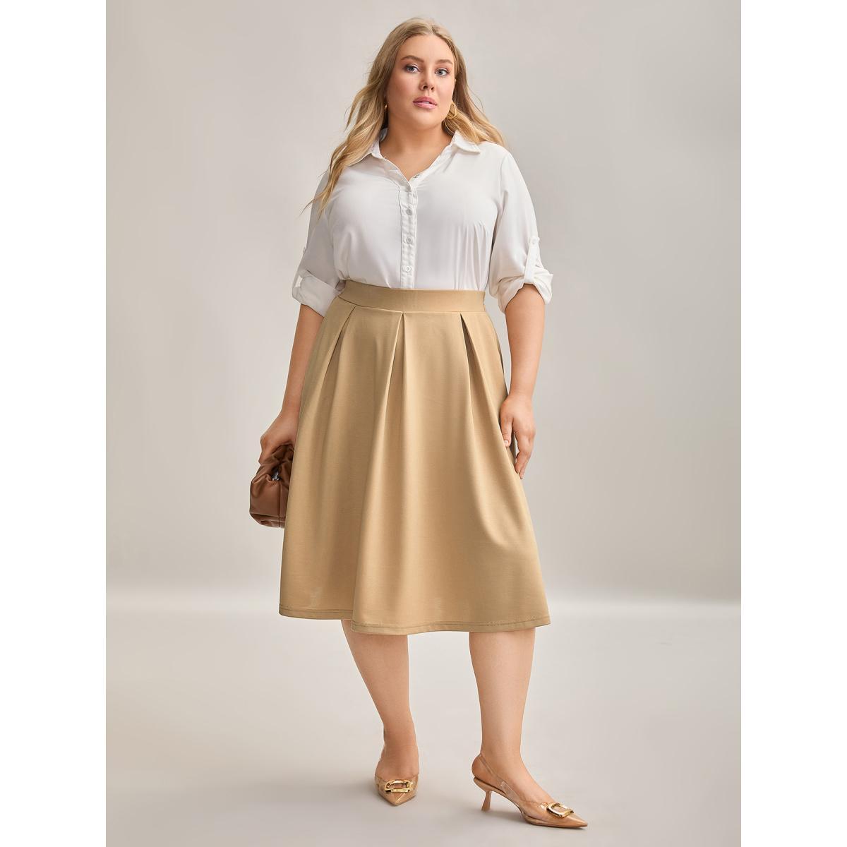 Plus Size Plain Stretchy Waist Pleated Midi Skirt Women Champagne At the Office Pleated Medium stretch Side seam pocket Work Skirts BloomChic 26/4X Product Image