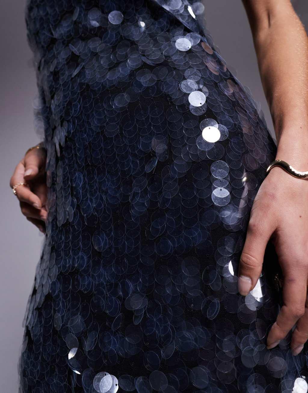 River Island sequin midi slip dress in black Product Image