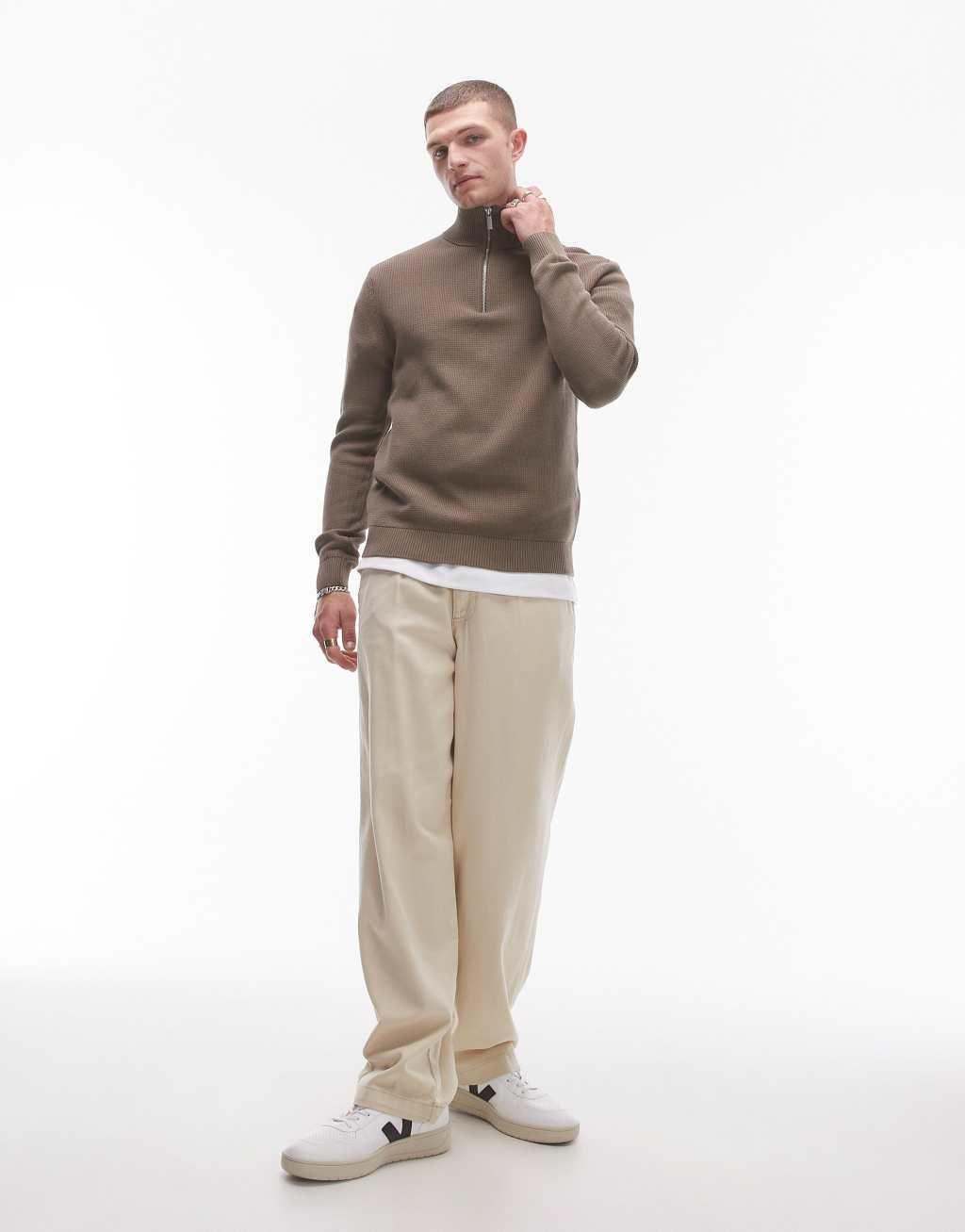 Selected Homme knitted half zip sweater in tan Product Image