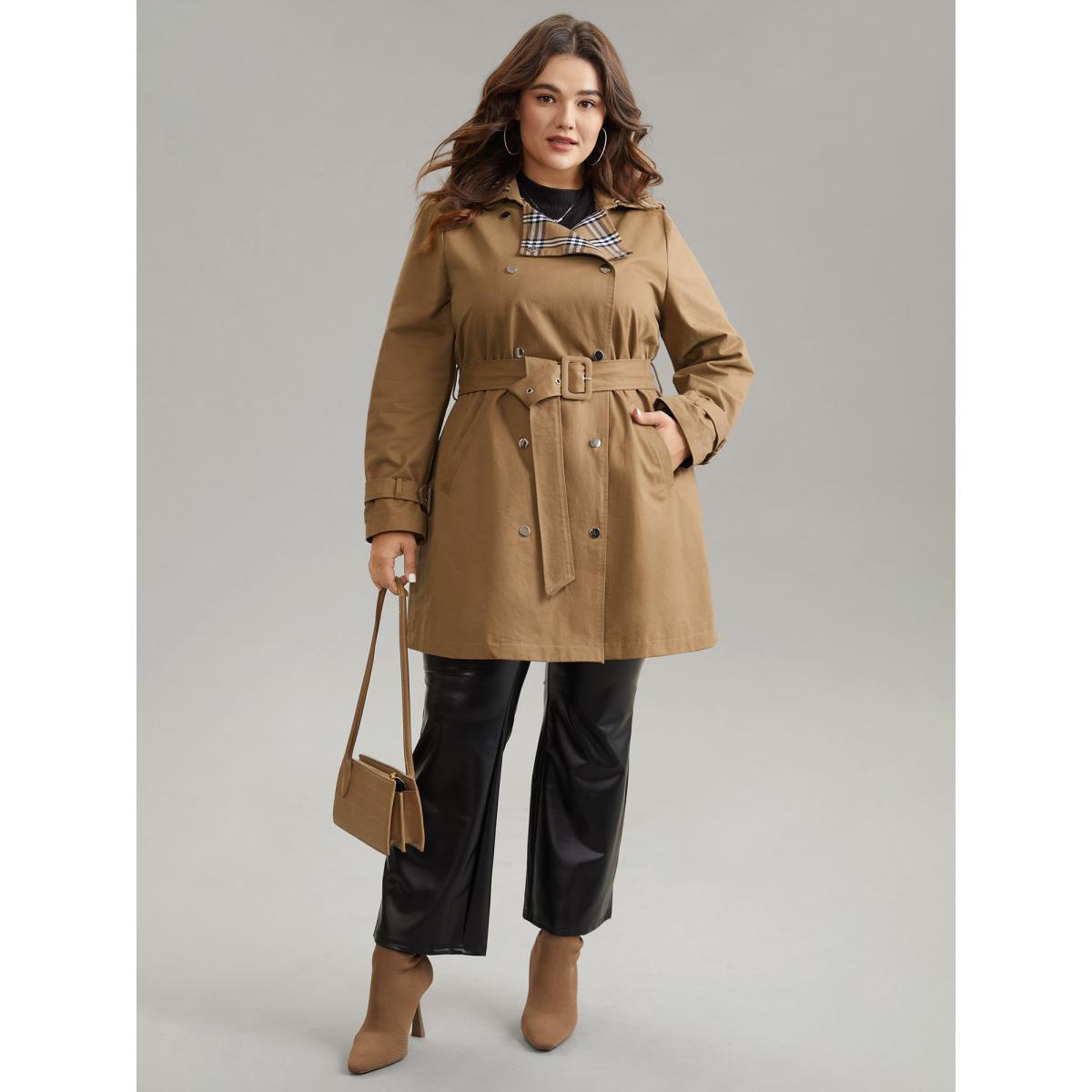Plus Size Plaid Contrast Belted Double Breasted Coat Women Tan Elegant Lined Ladies Dailywear Winter Coats BloomChic 18-20/2X Product Image