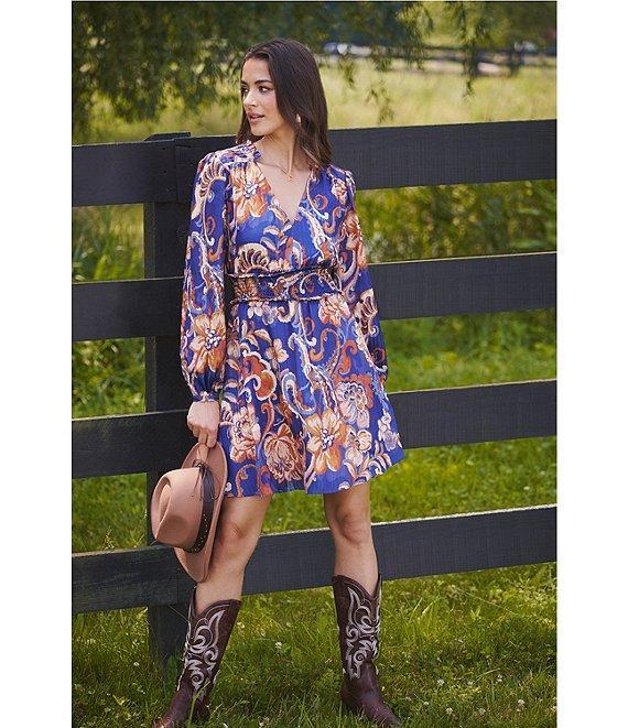 Adrianna Papell Long Sleeve V-Neck Large Paisley Pattern Mini Dress Product Image