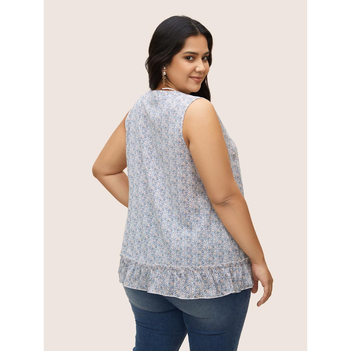 Plus Size Ditsy Floral Patchwork Ruffle Hem Tank Top Women Stone Elegant Frill Trim Notched collar Everyday Tank Tops Camis BloomChic 12/L Product Image
