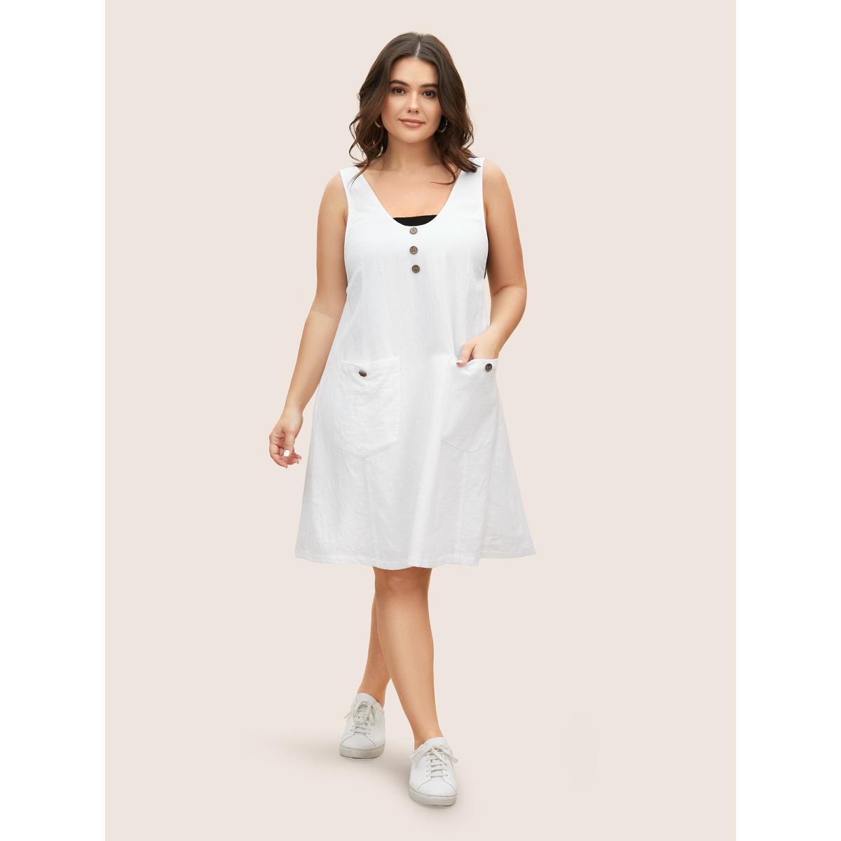 Plus Size Solid Deep V Neck Patch Pocket Dress Originalwhite Women Casual Deep V-neck Sleeveless Curvy BloomChic 18-20/2X Product Image