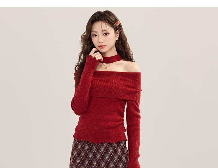 Long-Sleeve Off Shoulder Plain Knit Top / High Rise Plaid Midi Skirt Product Image