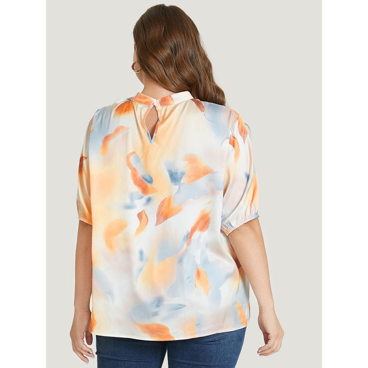 Plus Size Multicolor Ombre Print Knotted Keyhole Puff Sleeve Belted Blouse Women Vacation Short sleeve Mock Neck Dailywear Blouses BloomChic 18-20/2X Product Image