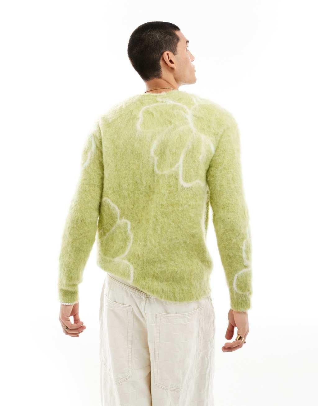 ASOS DESIGN fluffy knit sweater in green floral pattern Product Image