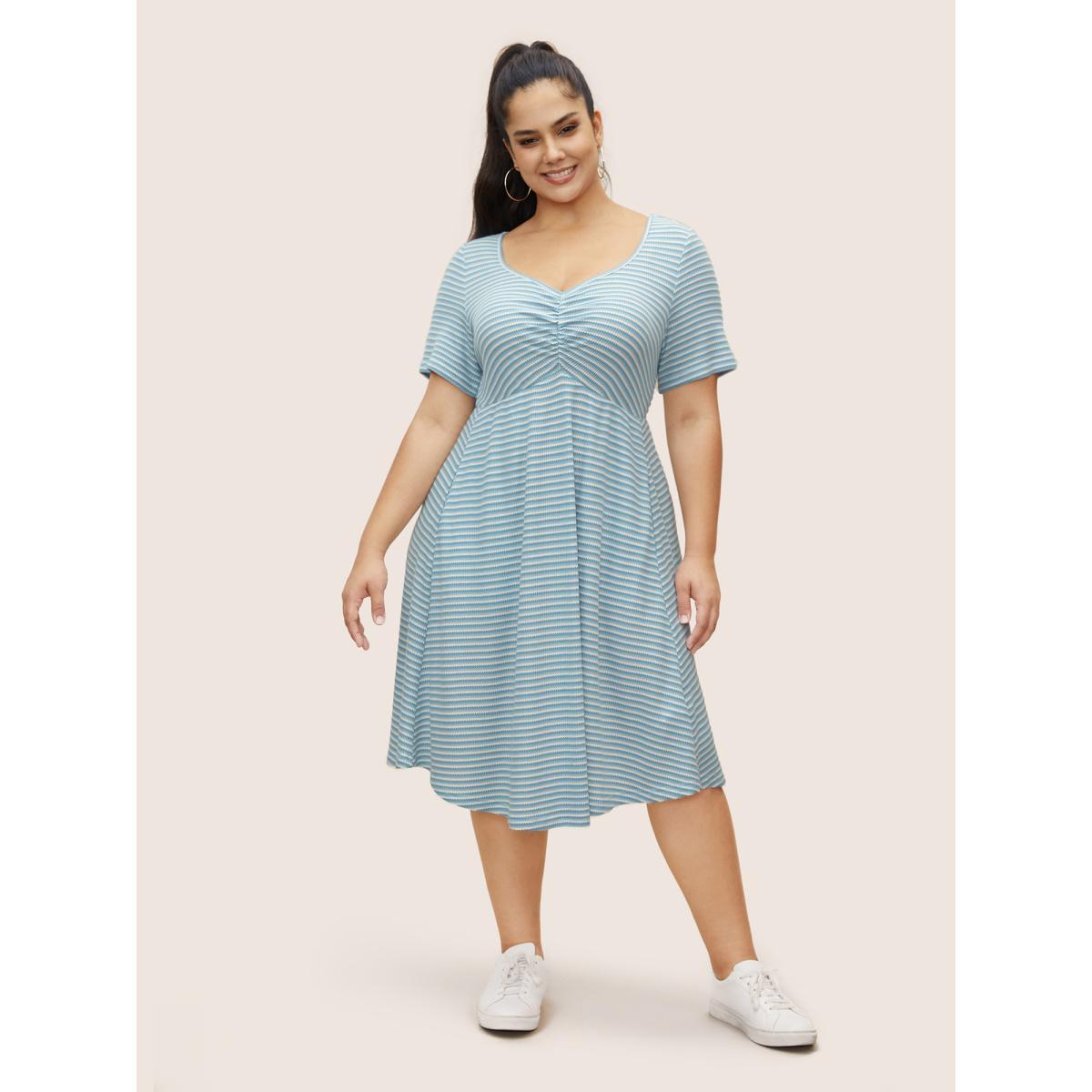 Plus Size Stripes Waffle Knit Ruched Pocket Dress LightBlue Women Casual Gathered Heart neckline Short sleeve Curvy BloomChic 28/5X Product Image