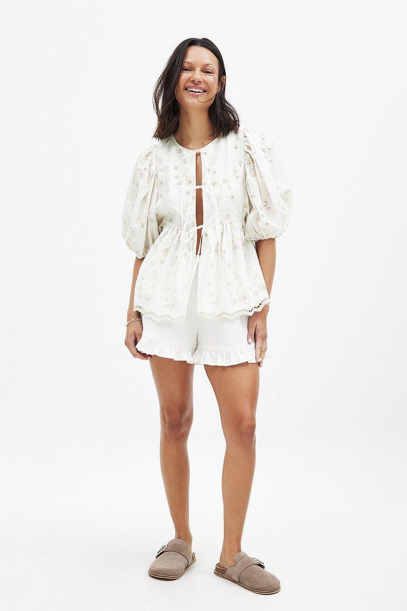 Embroidered Contrast Tie Front Blouse Product Image