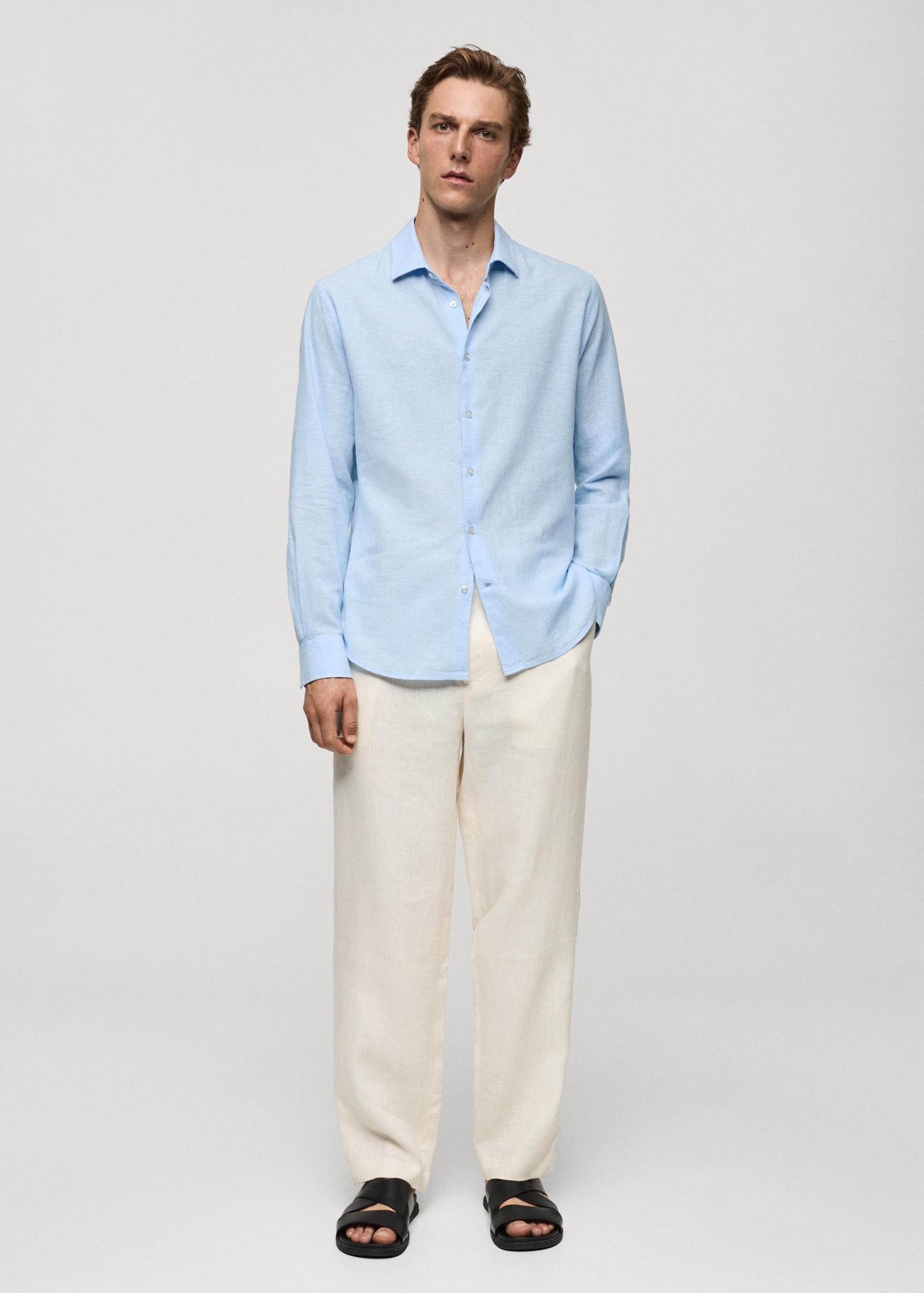 Regular-fit striped cotton-linen shirt - Men | MANGO USA Product Image