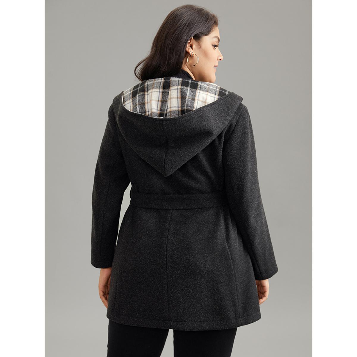 Plus Size Plaid Hooded Belted Bowknot Tunic Coat Women DimGray Casual Lined Ladies Dailywear Winter Coats BloomChic 26/4X Product Image