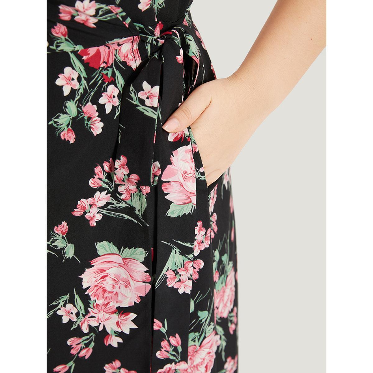 Plus Size Floral Print Wrap Pocket Knot Asymmetrical Hem Dress Black Women Elegant Wrap V-neck Short sleeve Curvy Midi Dress BloomChic 18-20/2X Product Image