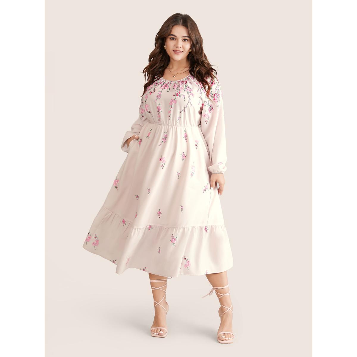 Plus Size Boho Print Patchwork Ruffles Lantern Sleeve Dress Apricot Women Elegant Elastic cuffs Round Neck Long Sleeve Curvy Midi Dress BloomChic 30/6X Product Image