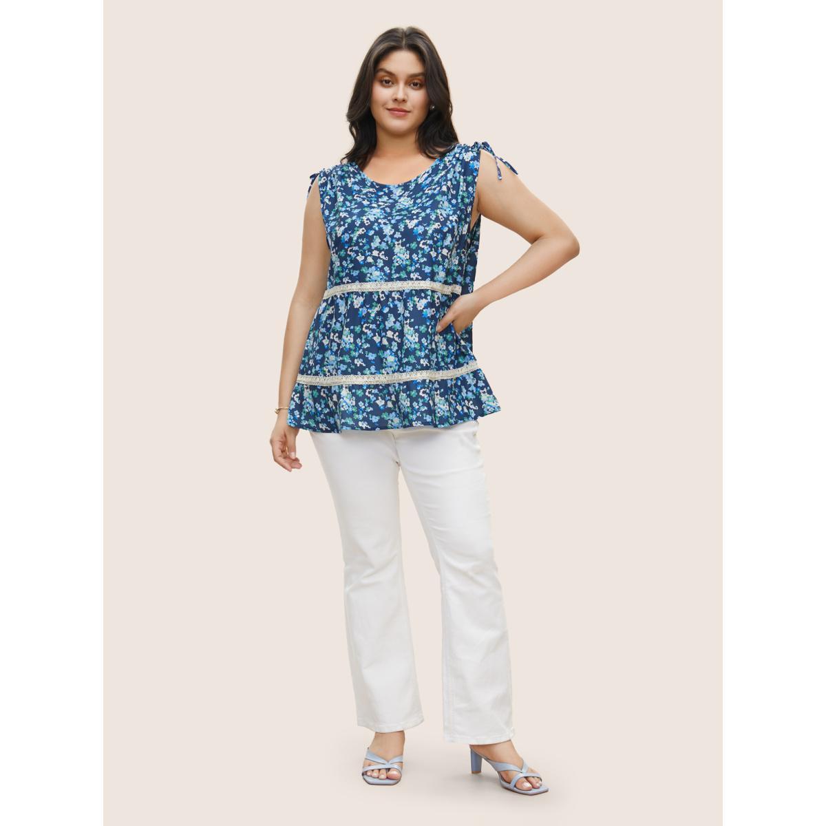 Plus Size Ditsy Floral Drawstring Lace Patchwork Tank Top Women Blue Elegant Cross straps Round Neck Everyday Tank Tops Camis BloomChic 12/L Product Image