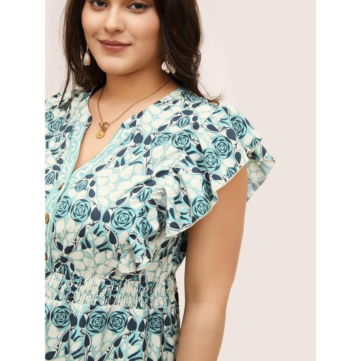 Plus Size Boho Print Ruffles Shirred Pocket Elastic Waist Dress Turquoise Women Resort Non Notched collar Cap Sleeve Curvy Midi Dress BloomChic 10/M Product Image