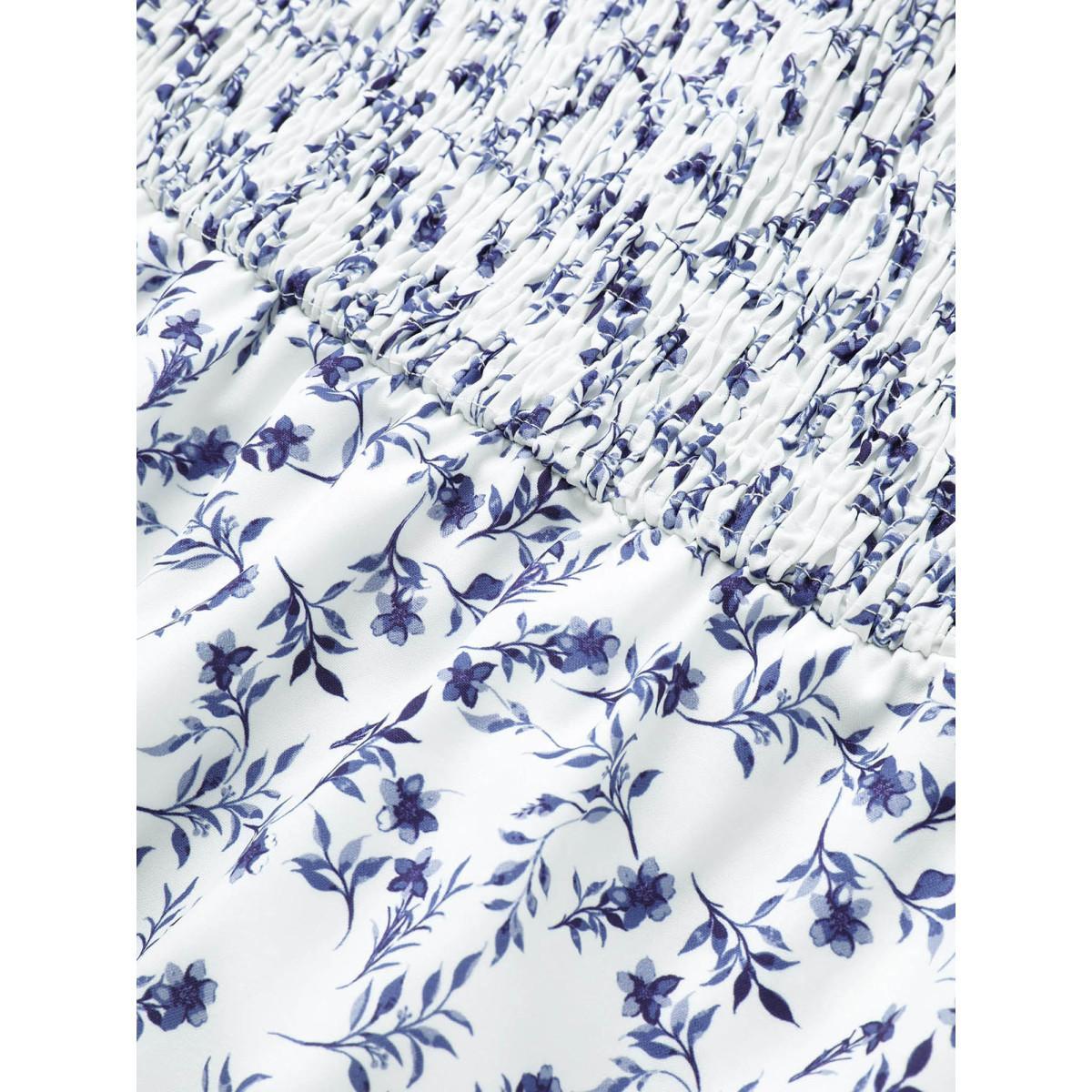 Plus Size Ditsy Floral Square Neck Shirred Lantern Sleeve Dress White Women Elegant Non Square Neck Elbow-length sleeve Curvy Midi Dress BloomChic 14-16/1X Product Image