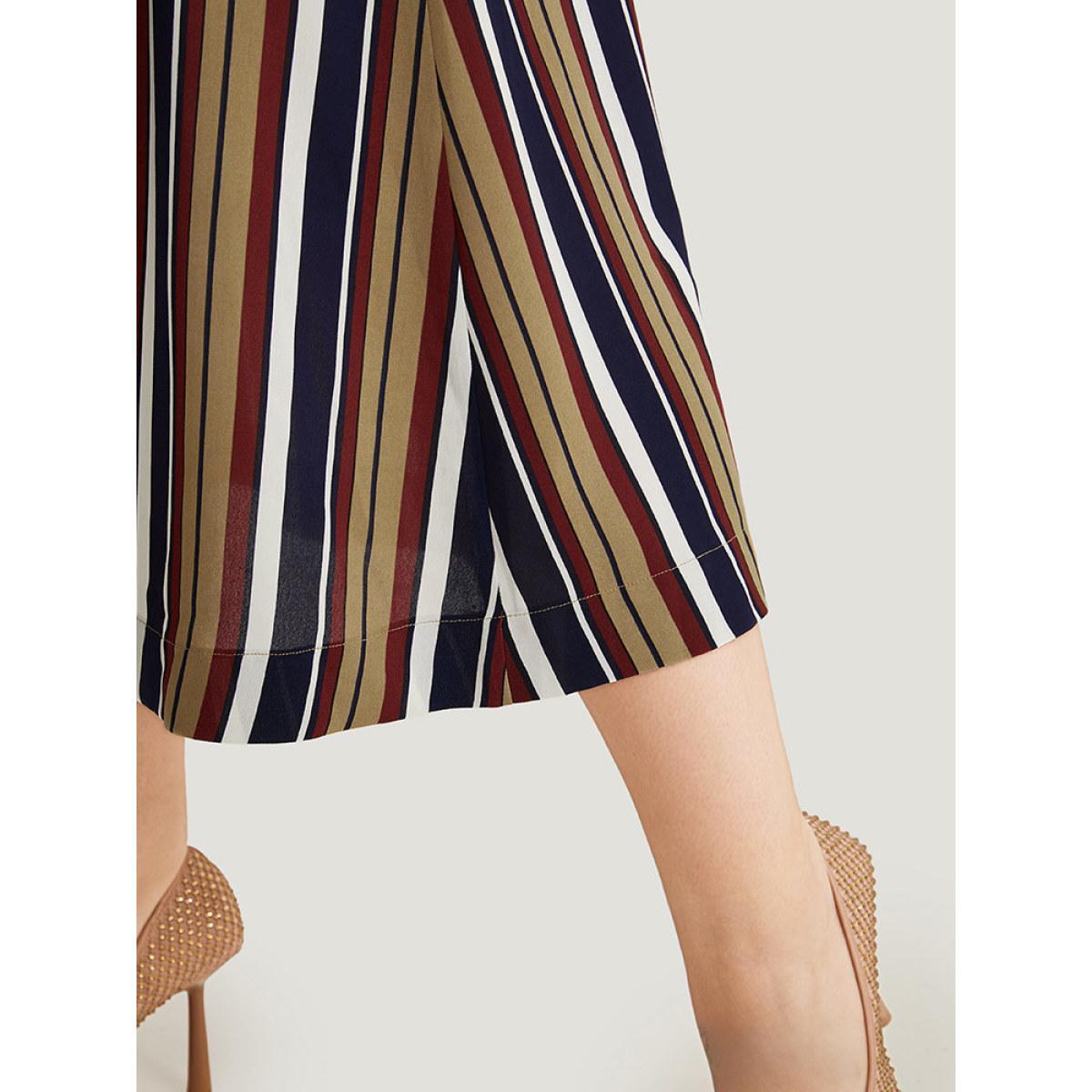 Plus Size Striped Ties Elastic Waist A-line Skirt Women DarkBlue Office A-line Loose No stretch Belt Work Skirts BloomChic 10/M Product Image