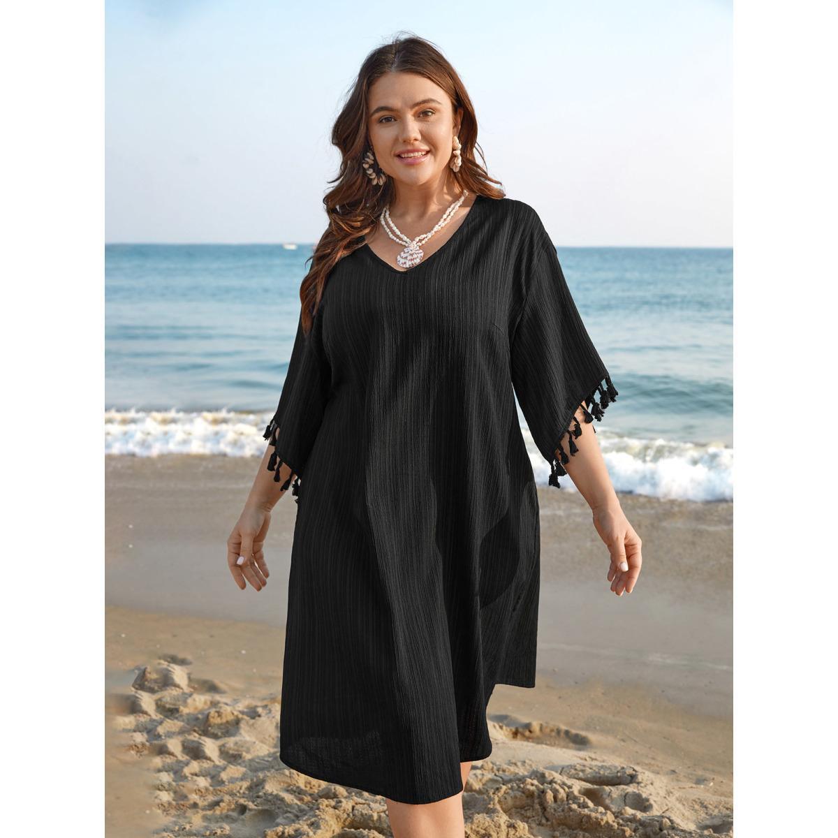 Plus Size V-Neck Cut-Out Tassels Spliced Midi Dress Black Women Resort Woven ribbon&lace trim V-neck Elbow-length sleeve Curvy BloomChic 14-16/1X Product Image