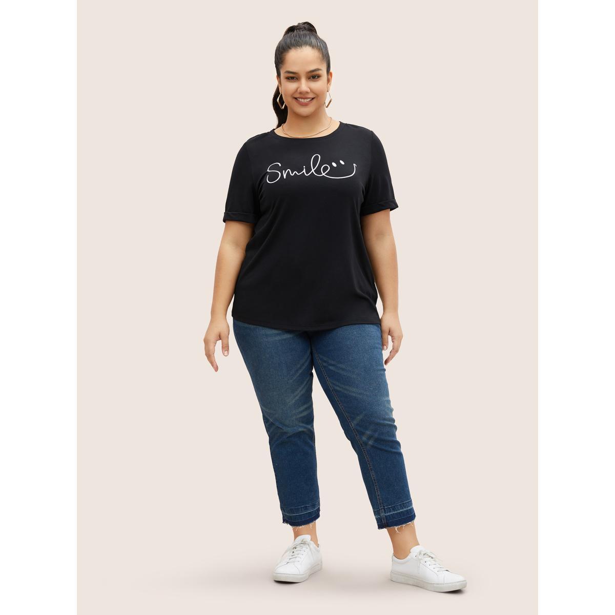 Plus Size Letter Print Round Neck T-shirt Black Women Casual Contrast Round Neck Everyday T-shirts BloomChic 22-24/3X Product Image