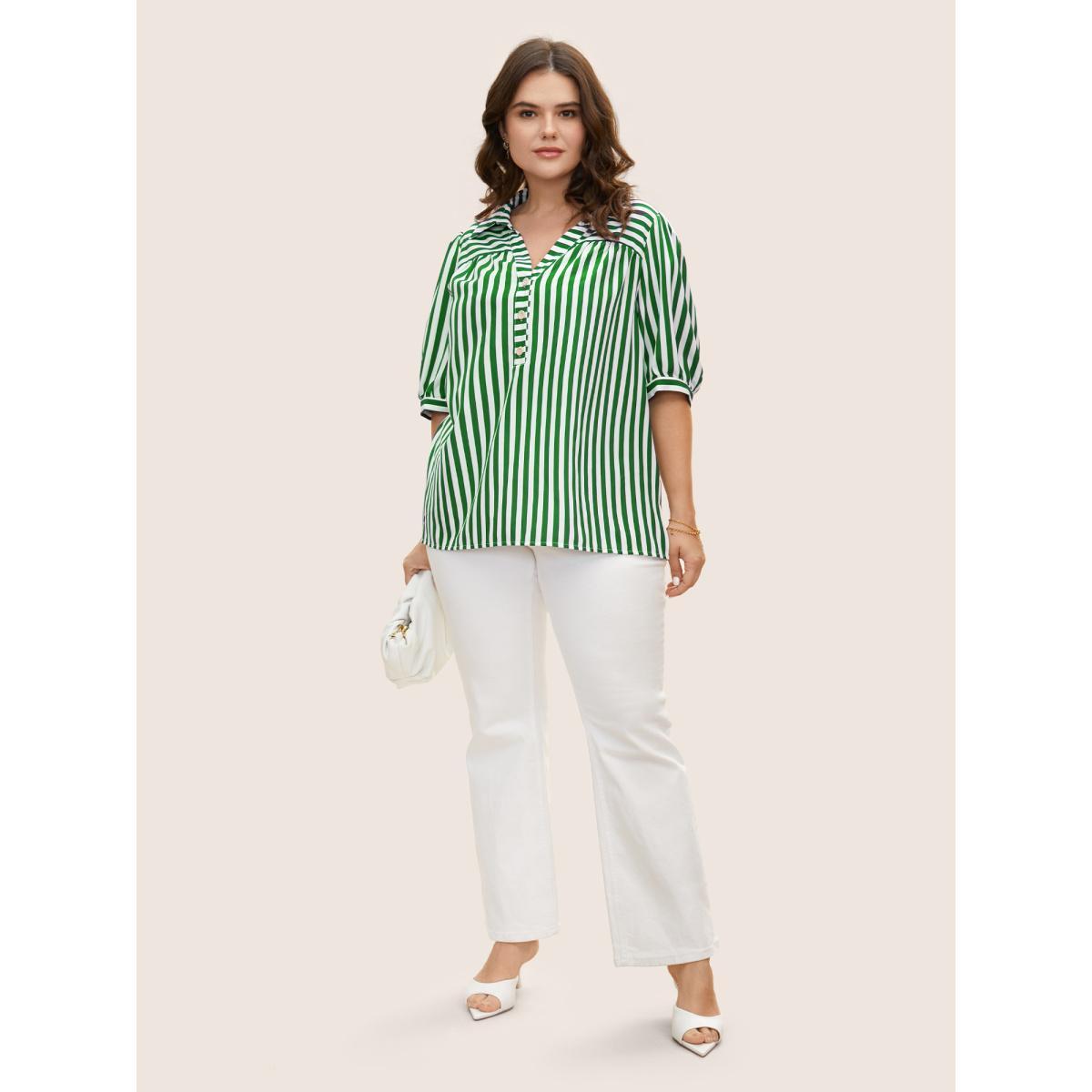 Plus Size Truegreen Striped Notched Collar Lantern Sleeve Blouse Women Workwear Essentials Short sleeve Notched collar Work Blouses BloomChic 14-16/1X Product Image