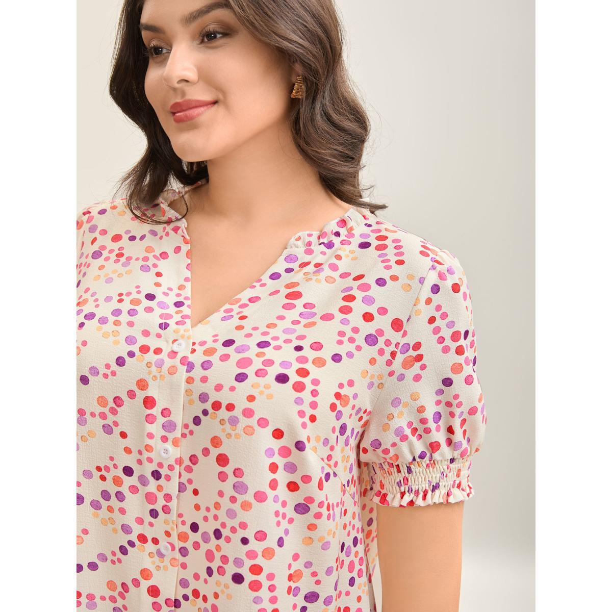 Plus Size Ivory Pretty Polka Dots Shirred Sleeve Shirt Women Short sleeve Notched collar Everyday-Elegant Blouses BloomChic 18-20/2X Product Image