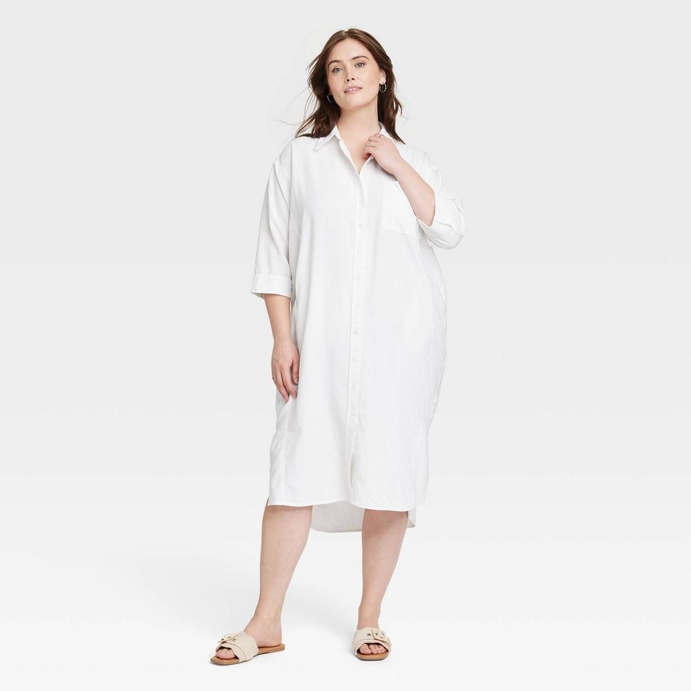 Womens 3/4 Sleeve Midi Shirtdress - Universal Thread White XXL: Linen Rayon Blend, Front Button Down Product Image