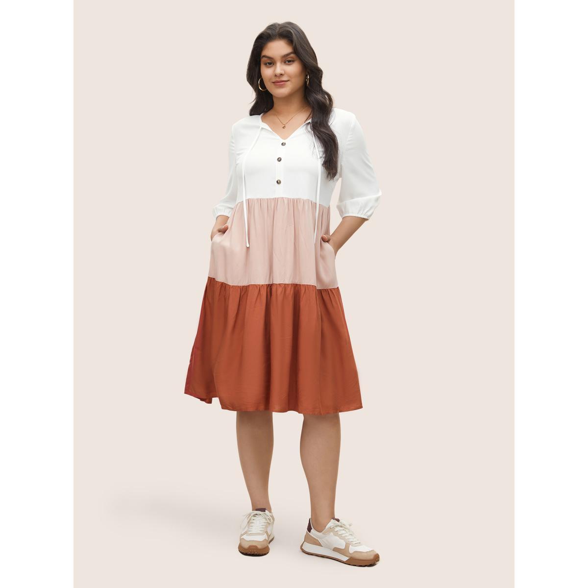Plus Size Colorblock Contrast Patchwork Tie Neck Dress Multicolor Women Casual Non V-neck Elbow-length sleeve Curvy Midi Dress BloomChic 28/5X Product Image