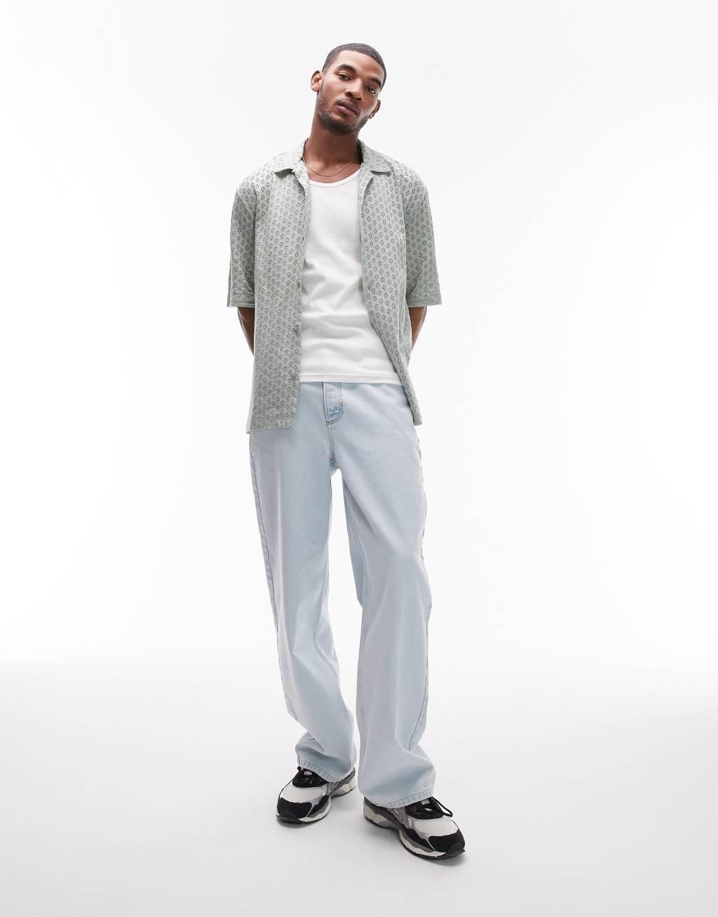Topman oversized fit button up jersey crochet polo in sage Product Image