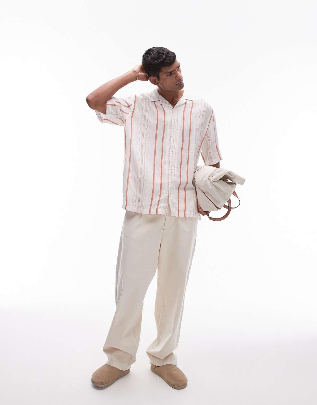 Topman short sleeve textured striped shirt in red Product Image
