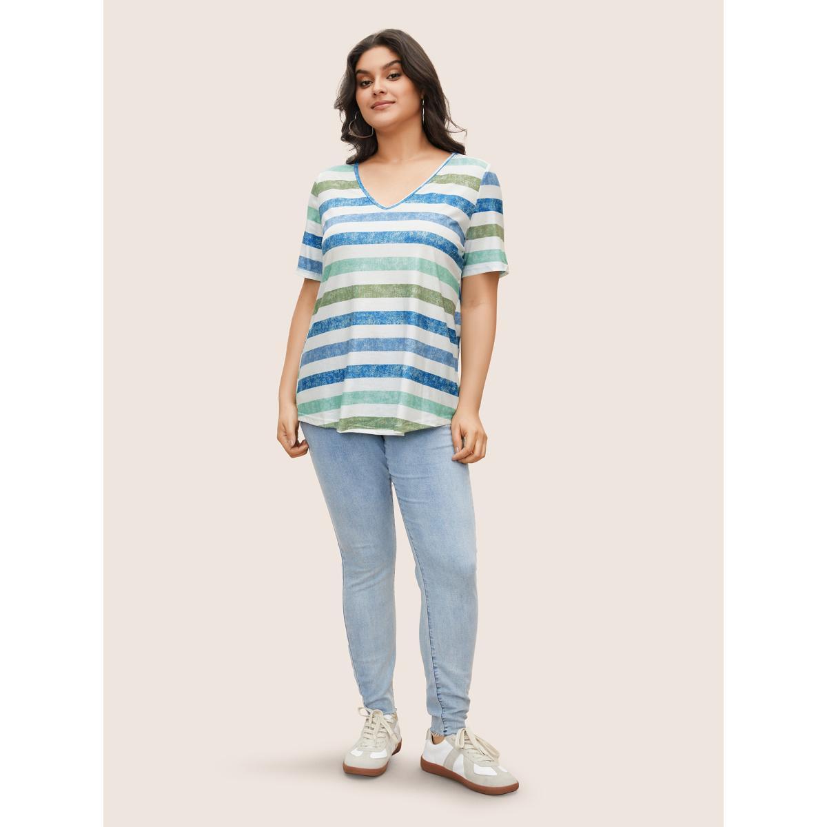 Plus Size Striped Contrast V Neck T-shirt Cerulean Women Casual Striped V-neck Everyday T-shirts BloomChic 10/M Product Image