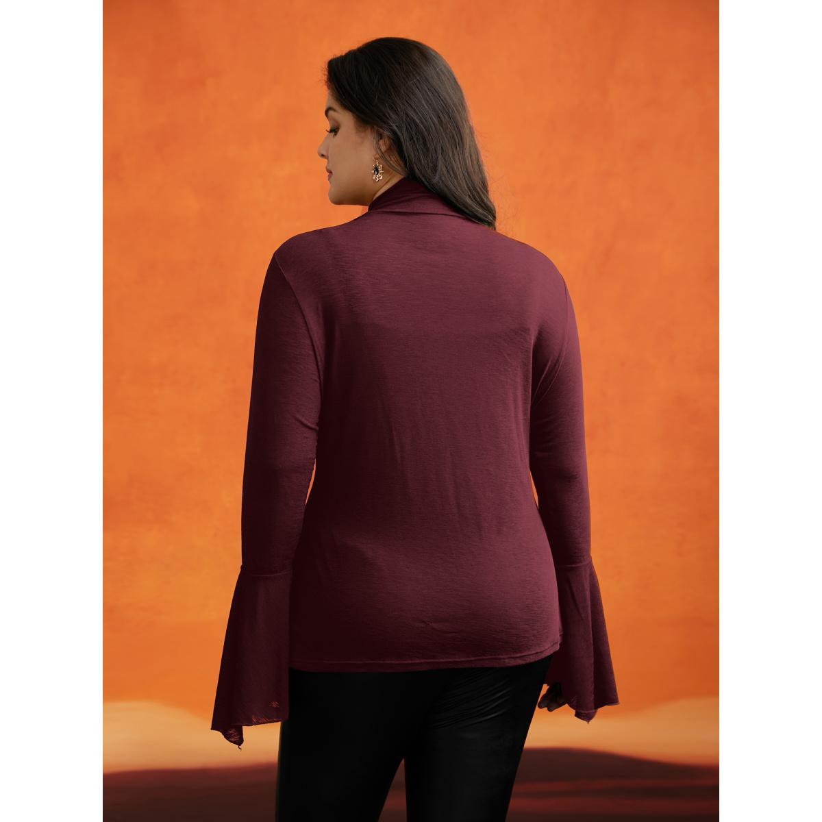 Plus Size Bell Sleeves Turtleneck T-shirt Burgundy Women Elegant Asymmetrical Turtleneck Bodycon Everyday T-shirts BloomChic 10/M Product Image