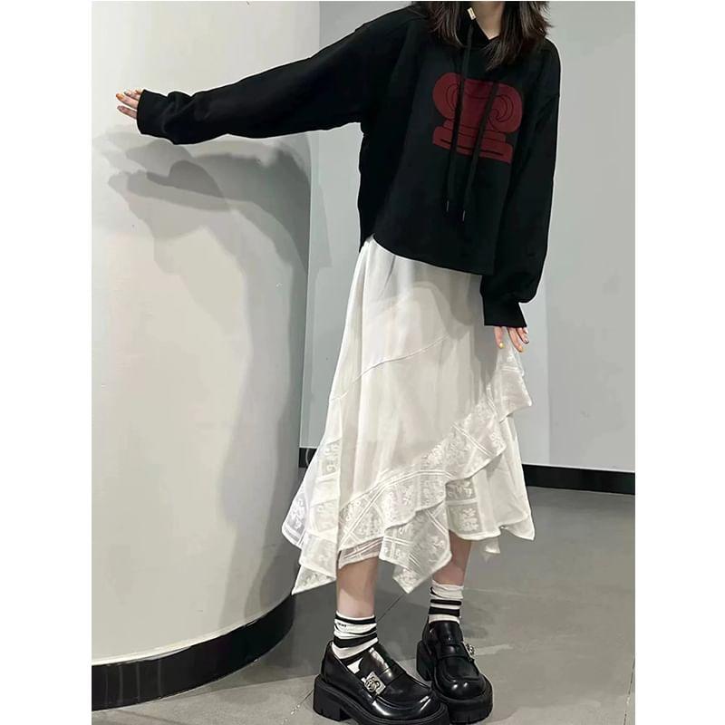 High Waist Asymmetrical Lace Trim Midi A-Line Skirt Product Image