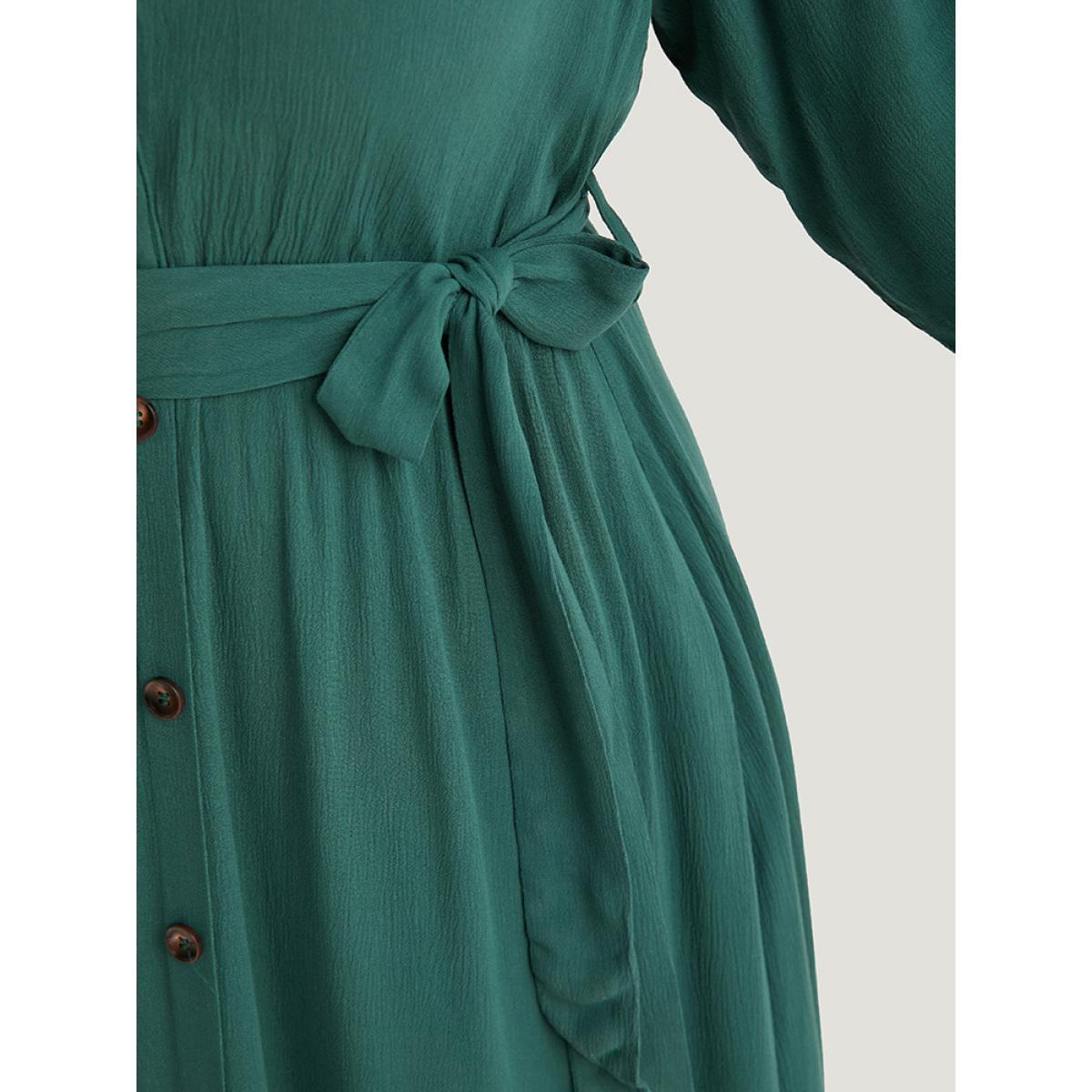 Plus Size Solid Button Detail Pocket Belted Notched Dress Emerald Women Office Plain Notched collar Elbow-length sleeve Curvy Midi Dress BloomChic 18-20/2X Product Image