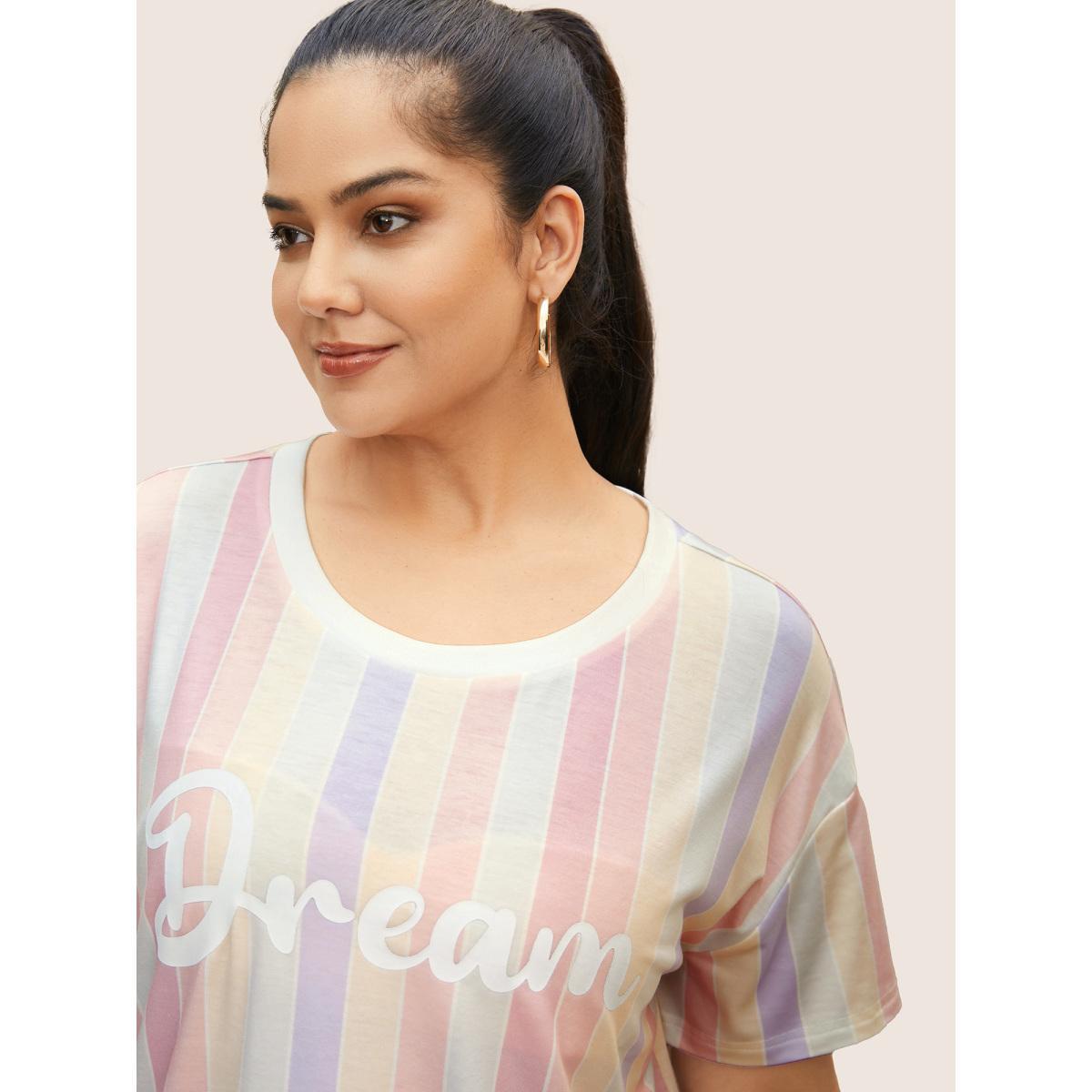 Plus Size Round Neck Colored Striped Letter Print T-shirt Multicolor Women Elegant Contrast Art&design Round Neck Everyday T-shirts BloomChic 28/5X Product Image