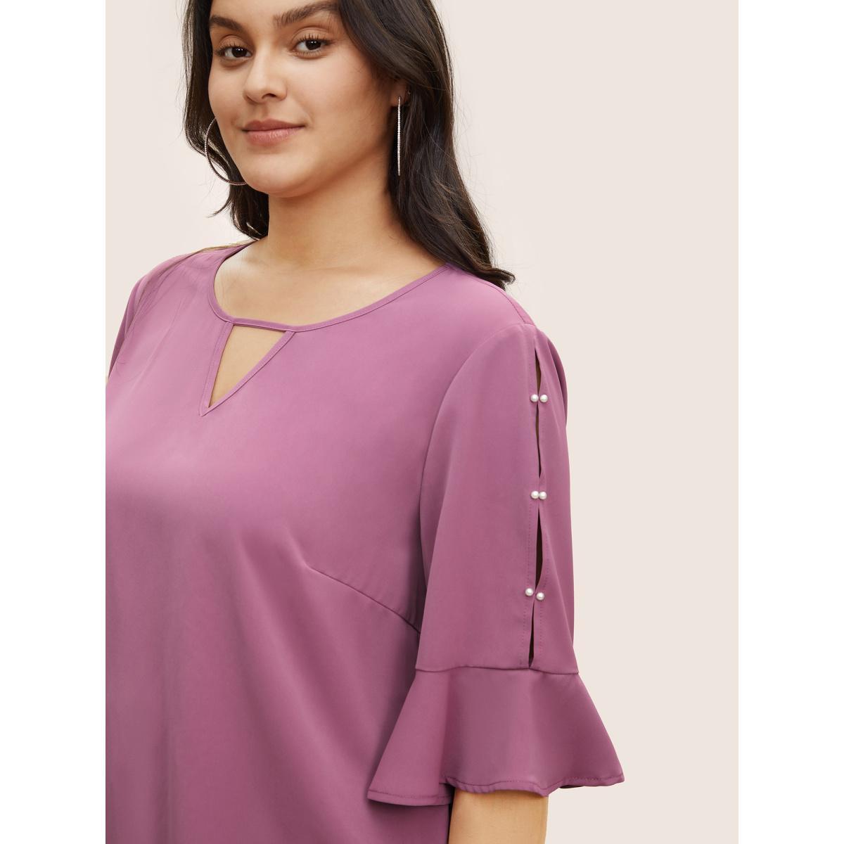 Plus Size Mauve Solid Keyhole Ruffle Sleeve Pearl Beaded Blouse Women Casual Half Sleeve Notched collar Everyday Blouses BloomChic 10/M Product Image