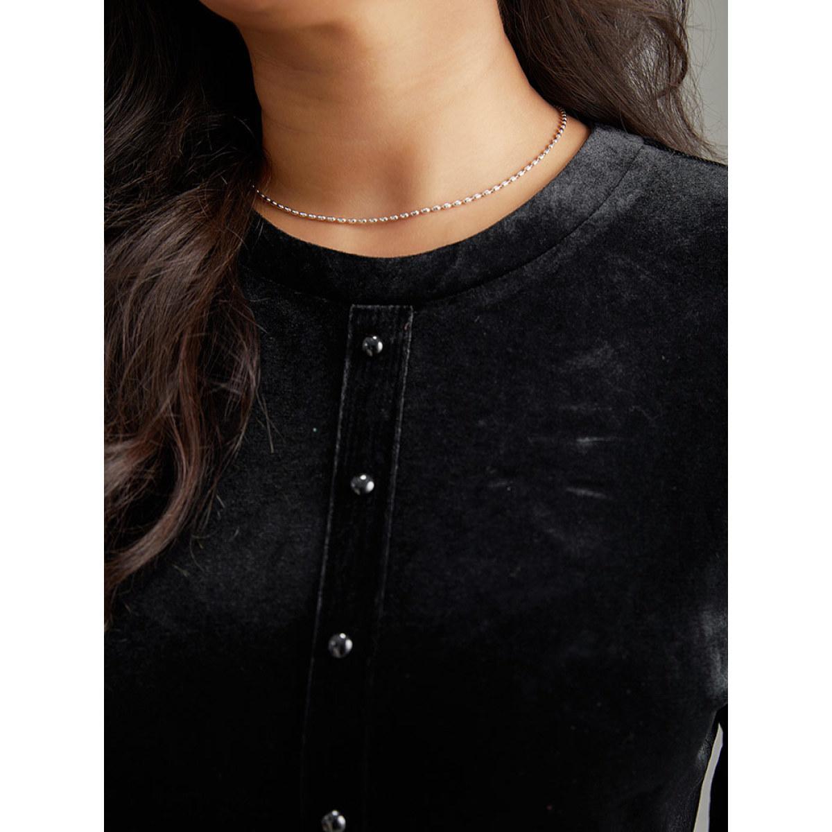 Plus Size Solid Velvet Button Detail Pocket Dress Black Women Office Plain Round Neck Long Sleeve Curvy Midi Dress BloomChic 22-24/3X Product Image