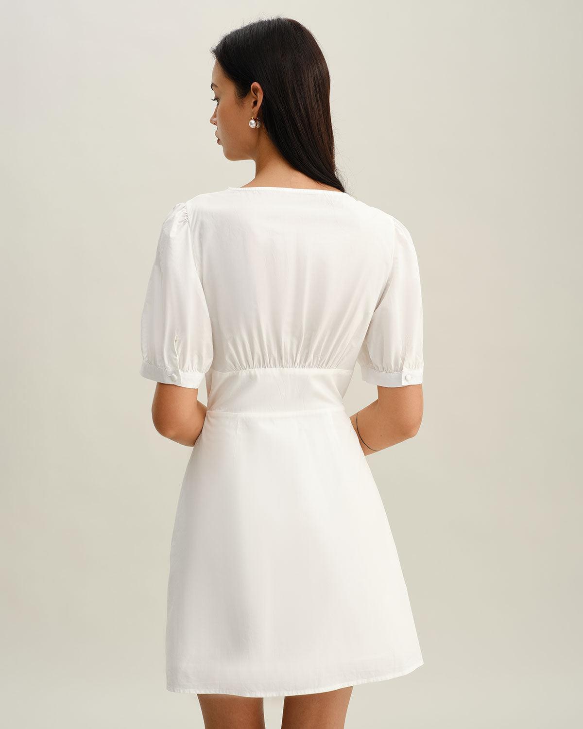 White V-Neck Ruched Mini Dress Product Image