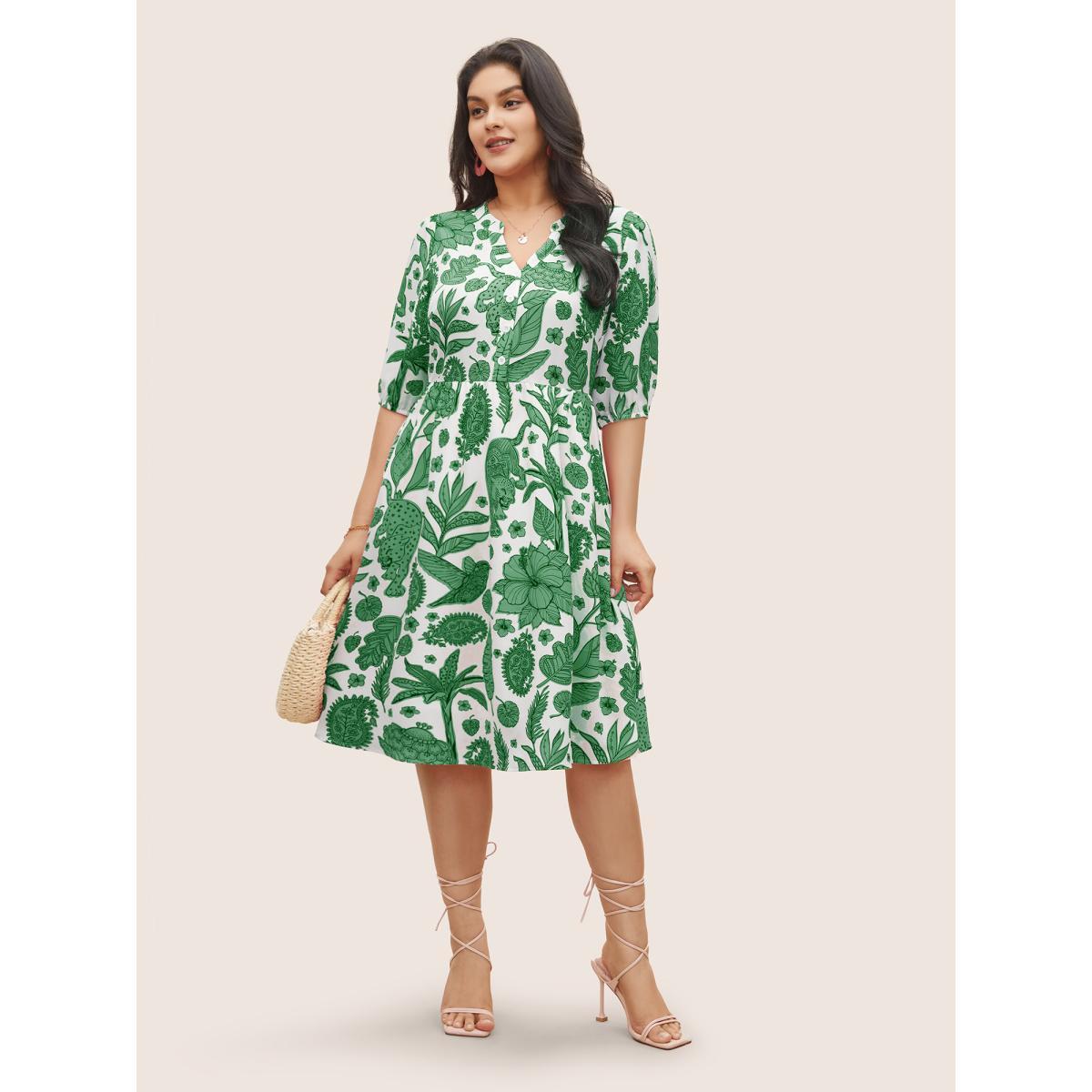 Plus Size Plants & Animal Print Notched Lantern Sleeve Dress Yellow Women Resort Non Notched collar Short sleeve Curvy Midi Dress BloomChic 18-20/2X Product Image