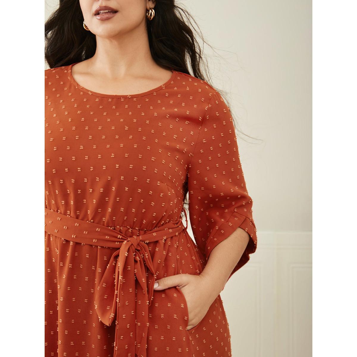 Plus Size Textured Bell Sleeve Belted Arc Hem Dress OrangeRed Women Elegant Texture Round Neck Elbow-length sleeve Curvy BloomChic 14-16/1X Product Image
