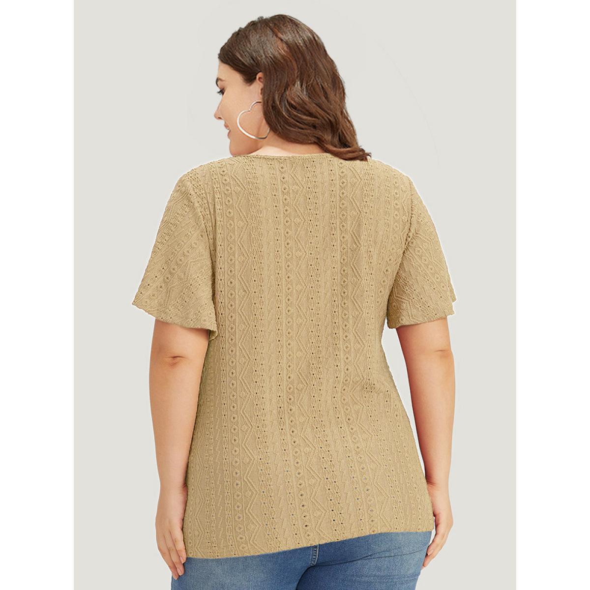 Plus Size Embroidered Button Detail Crew Neck Flutter Sleeve T-shirt Tan Women Elegant Texture Plain Round Neck Dailywear T-shirts BloomChic 26/4X Product Image