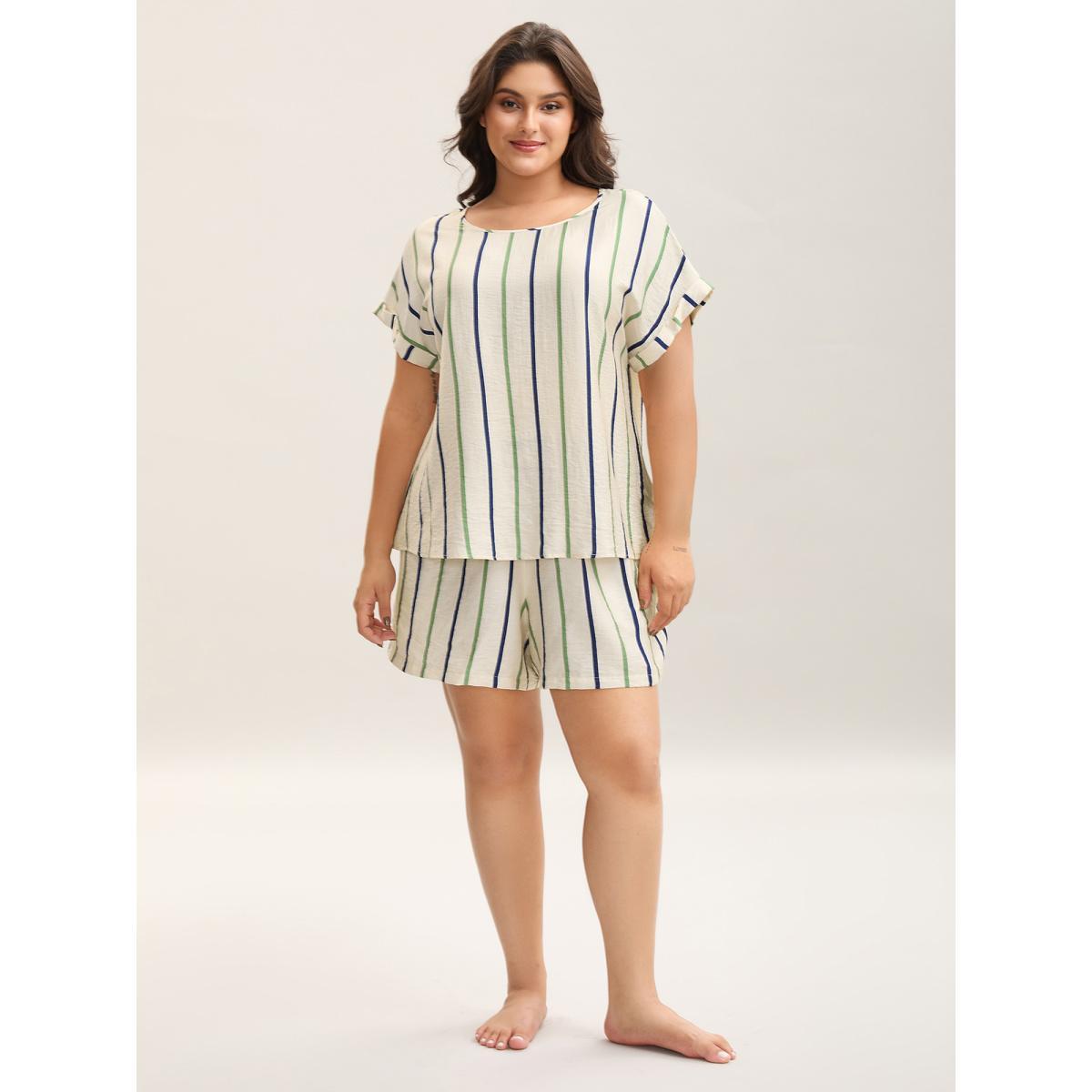 Plus Size Colorful Stripes Flowy Loungewear Set Women Multicolor Roll Hem Short sleeve Boat Neck Loungewear Sets BloomChic 10/M Product Image