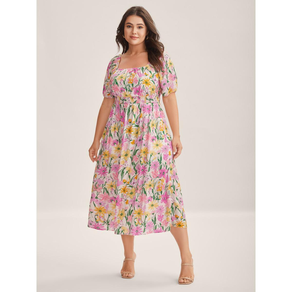 Plus Size Sweet Floral Print Square Neck Midi Dress Lilac Women Square Neck Short sleeve Curvy BloomChic 28/5X Product Image